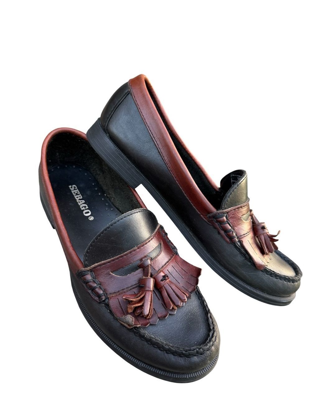 Sebago Brown Black Tassel Kilties Leather Loafers Shoes Slip on Women's size 7.5